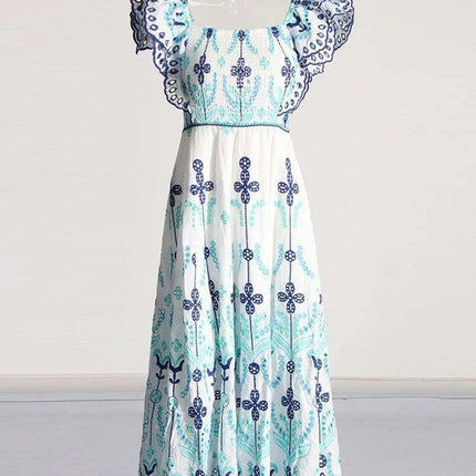 Elegant Off-Shoulder Embroidered Midi Dress for Women - Backless, High Waist, Flirty Ruffle Design