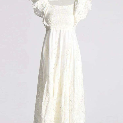 Elegant Off-Shoulder Embroidered Midi Dress for Women - Backless, High Waist, Flirty Ruffle Design