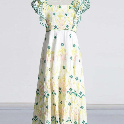 Elegant Off-Shoulder Embroidered Midi Dress for Women - Backless, High Waist, Flirty Ruffle Design