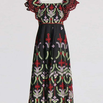 Elegant Off-Shoulder Embroidered Midi Dress for Women - Backless, High Waist, Flirty Ruffle Design