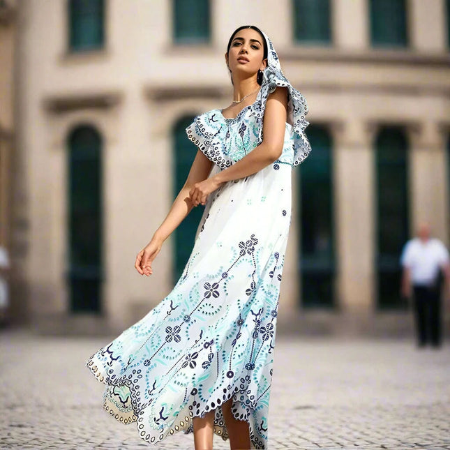 Elegant Off-Shoulder Embroidered Midi Dress for Women - Backless, High Waist, Flirty Ruffle Design