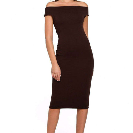 Elegant Off-Shoulder Midi Dress in Stretch Knit Fabric - Très Elite