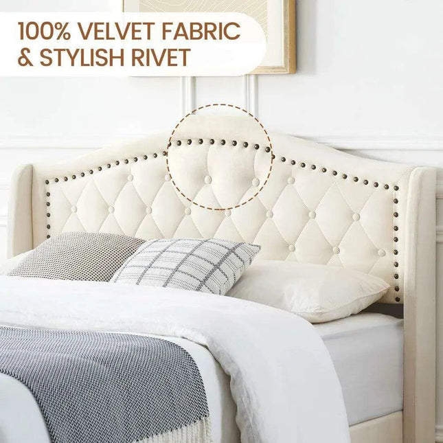 Elegant Off-White Velvet Tufted Wingback Queen Bed with Sturdy Steel Base..