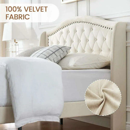 Elegant Off-White Velvet Tufted Wingback Queen Bed with Sturdy Steel Base..