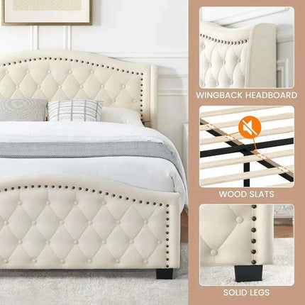 Elegant Off-White Velvet Tufted Wingback Queen Bed with Sturdy Steel Base..