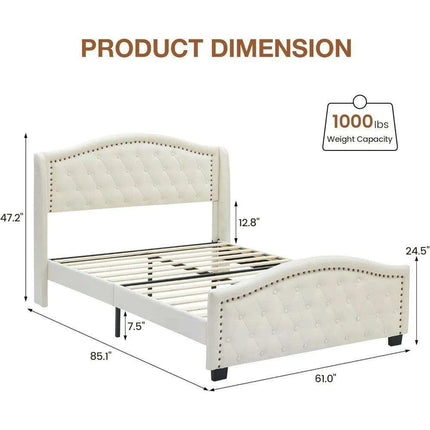 Elegant Off-White Velvet Tufted Wingback Queen Bed with Sturdy Steel Base..