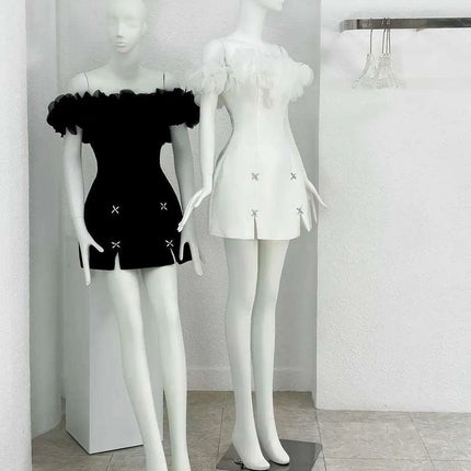 Elegant Off-the-Shoulder Satin Mini Dress with Dazzling Rhinestones and Playful Ruffles - Très Elite