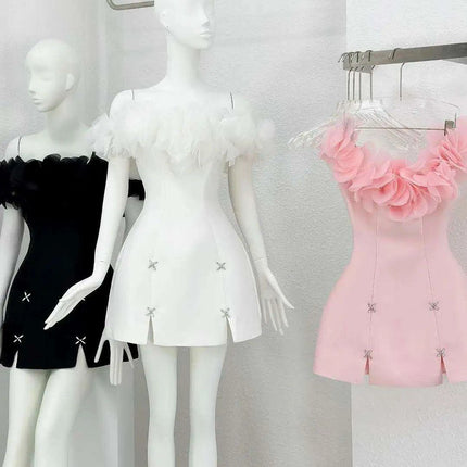 Elegant Off-the-Shoulder Satin Mini Dress with Dazzling Rhinestones and Playful Ruffles - Très Elite