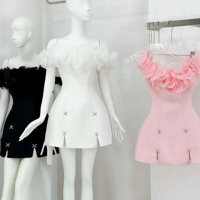 Elegant Off-the-Shoulder Satin Mini Dress with Dazzling Rhinestones and Playful Ruffles