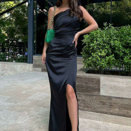 Elegant One-Shoulder Satin Evening Gown with Slit Detail - Très Elite