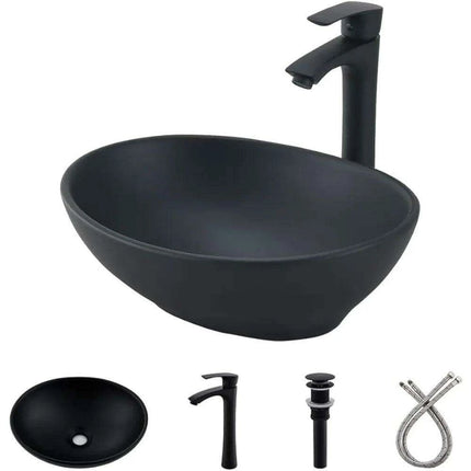 Elegant Oval Ceramic Sink Ensemble with Black Faucet and Stainless Steel Drain..