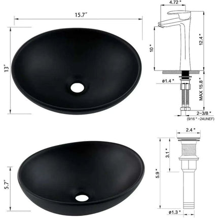 Elegant Oval Ceramic Sink Ensemble with Black Faucet and Stainless Steel Drain..