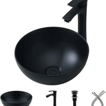 Elegant Oval Ceramic Sink Ensemble with Black Faucet and Stainless Steel Drain..