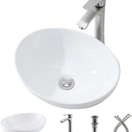 Elegant Oval Ceramic Sink Ensemble with Black Faucet and Stainless Steel Drain..