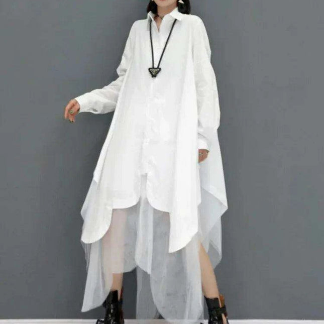 Elegant Oversized Long Sleeve Mesh Detail Dress for Women - SHENGPALAE 2024 Spring Summer Collection