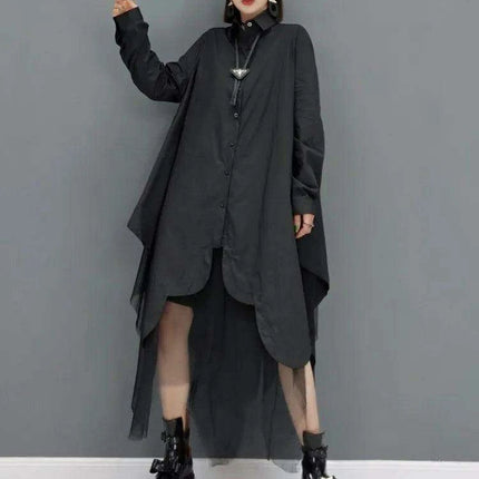 Elegant Oversized Long Sleeve Mesh Detail Dress for Women - SHENGPALAE 2024 Spring Summer Collection