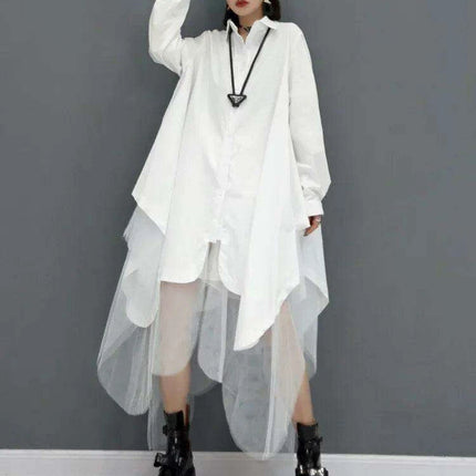 Elegant Oversized Long Sleeve Mesh Detail Dress for Women - SHENGPALAE 2024 Spring Summer Collection