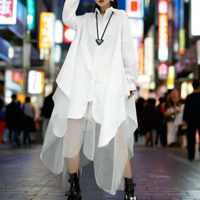 Elegant Oversized Long Sleeve Mesh Detail Dress for Women - SHENGPALAE 2024 Spring Summer Collection