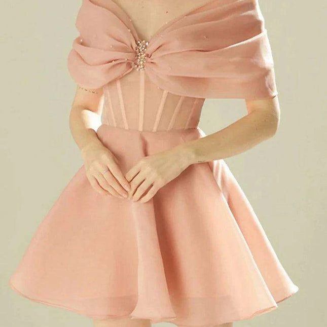 Elegant Pearl-Accented A-Line Mini Dress with Sheer Gauze Details - Women's 2024 Summer Celebration Attire