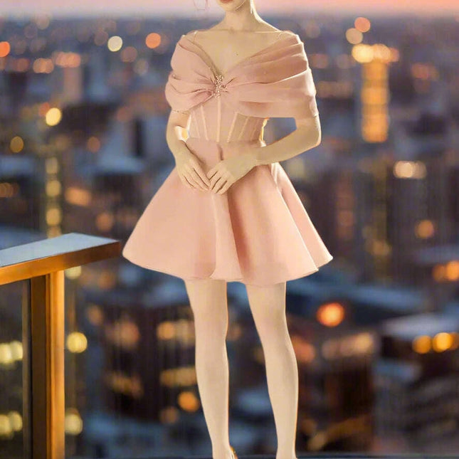 Elegant Pearl-Accented A-Line Mini Dress with Sheer Gauze Details - Women's 2024 Summer Celebration Attire