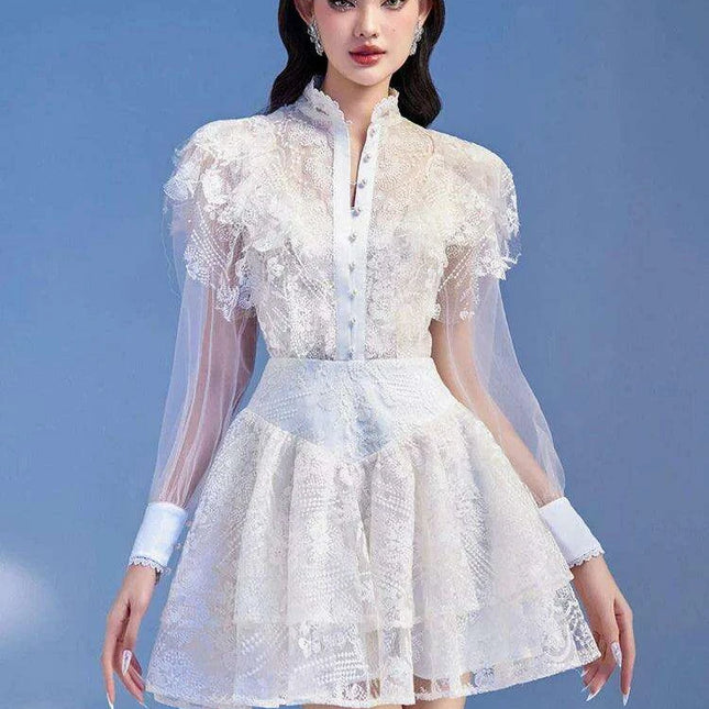 Elegant Pearl Flower Lace High Waist Mesh Dress with Stand Collar for Women