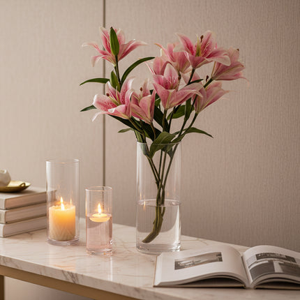 Elegant Pink Raindrop Glass Cylinder Vase Collection - 12 Piece Set