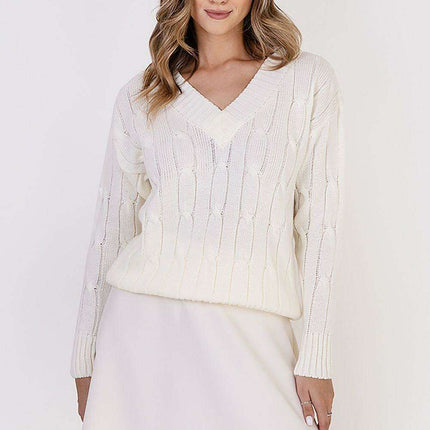 Elegant Plaid Knit Sweater with Decorative Detailing