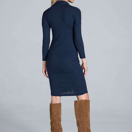 Elegant Pleated Ribbed Knit Midi Dress with Collar and Long Sleeves - Très Elite