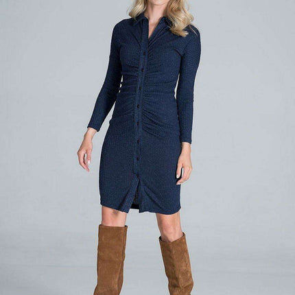 Elegant Pleated Ribbed Knit Midi Dress with Collar and Long Sleeves - Très Elite