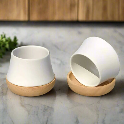 Elegant Porcelain Tea Mug Set with Chic Wooden Coasters - Perfect for Kung Fu Tea, Coffee, and Wine, Available in Single, Double, or Quad Sets - Très Elite