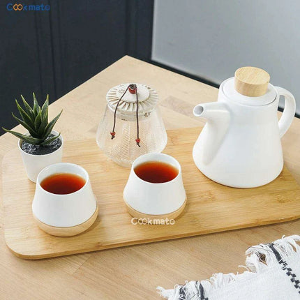 Elegant Porcelain Tea Mug Set with Chic Wooden Coasters - Perfect for Kung Fu Tea, Coffee, and Wine, Available in Single, Double, or Quad Sets - Très Elite