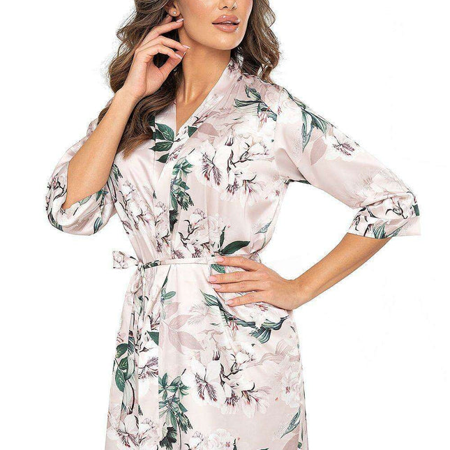 Elegant Powder Pink and Green Floral Satin NELLY Bathrobe