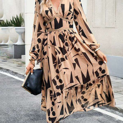 Elegant Printed V-Neck Long-Sleeve Dress - Stylish Resort Attire for Women