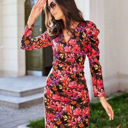 Elegant Puff Sleeve Day Dress with Elongated Envelope Neckline - Très Elite