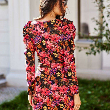 Elegant Puff Sleeve Day Dress with Elongated Envelope Neckline - Très Elite