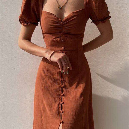 Elegant Puff Sleeve Midi Dress with Heart-Shaped Neckline - Timeless Charm - Très Elite