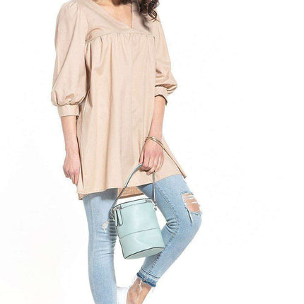 Elegant Puff Sleeve Tunic with Pointed Neckline - Très Elite