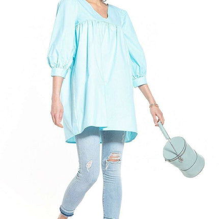 Elegant Puff Sleeve Tunic with Pointed Neckline - Très Elite
