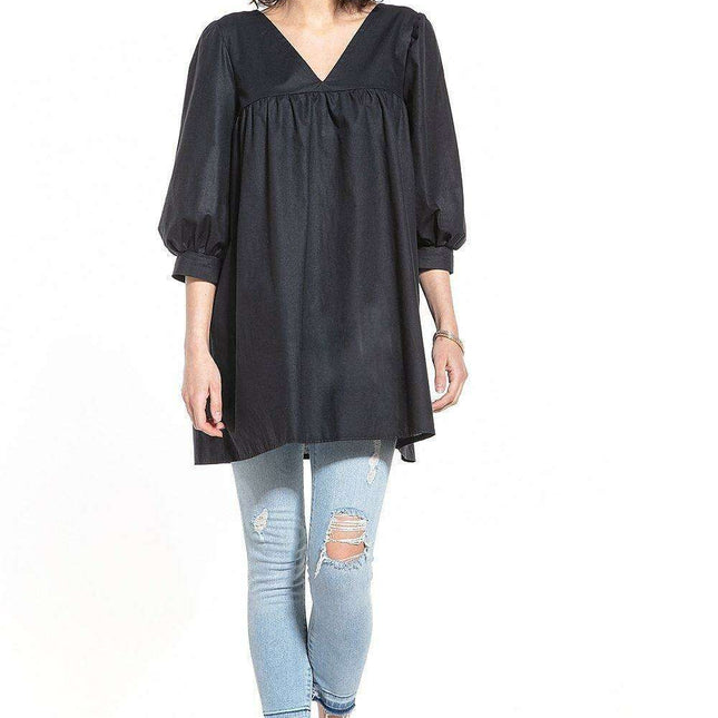 Elegant Puff Sleeve Tunic with Pointed Neckline - Très Elite