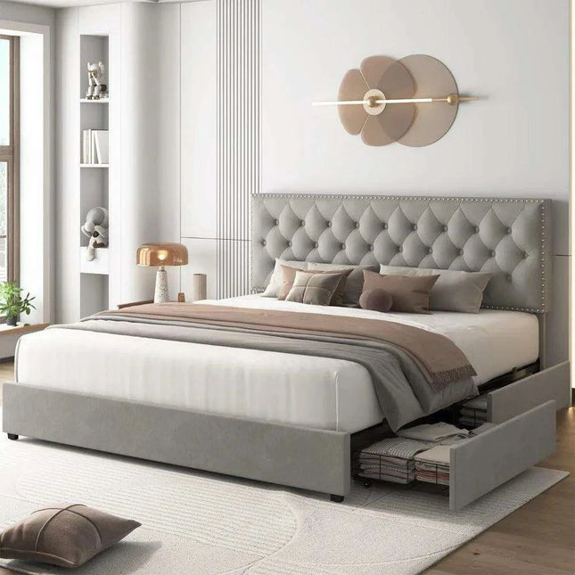 Elegant Queen Velvet Upholstered Bed Frame with Adjustable Headboard and Hidden Storage Drawers
