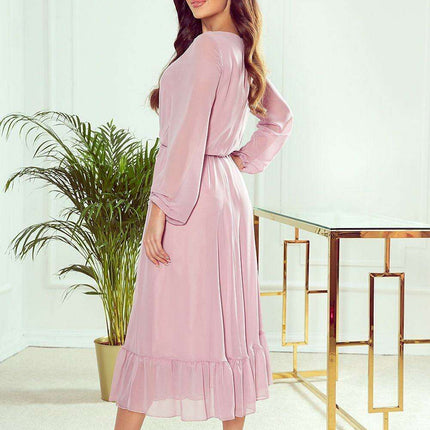 Elegant Red Chiffon Midi Cocktail Dress with Frills by Numoco - Très Elite