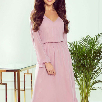 Elegant Red Chiffon Midi Cocktail Dress with Frills by Numoco - Très Elite
