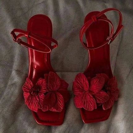 Elegant Red Floral Ankle Strap High Heel Sandals - Open Toe Stilettos for Women 2024 - Très Elite