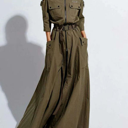 Elegant Retro Cold Shoulder Maxi Dress with Belt and Pockets - Très Elite