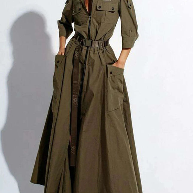 Elegant Retro Cold Shoulder Maxi Dress with Belt and Pockets