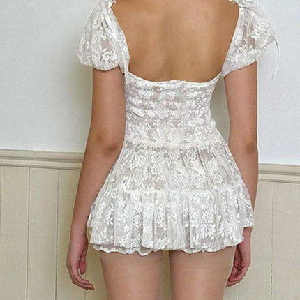 Elegant Retro Lace Mini Dress with Puff Sleeves for Women - QWEEK 2024 Summer Collection - Très Elite