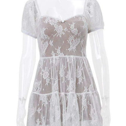 Elegant Retro Lace Mini Dress with Puff Sleeves for Women - QWEEK 2024 Summer Collection - Très Elite