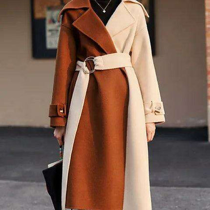 Elegant Retro Patchwork Wool Overcoat with Stylish Lace-up Details for Trendsetting Women