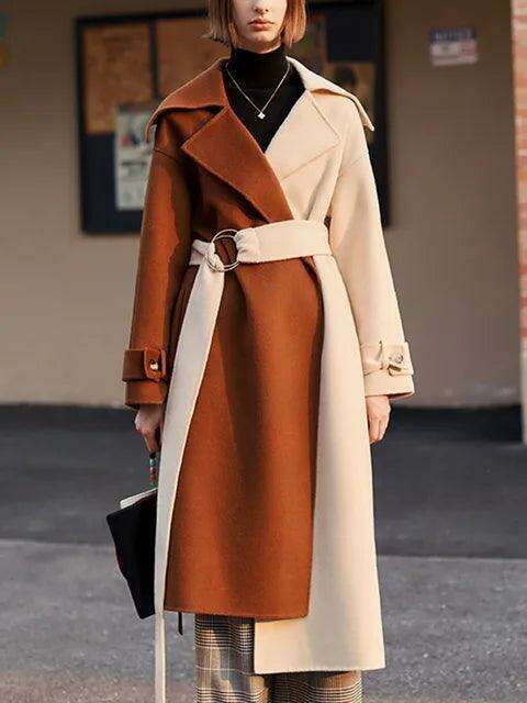 Elegant Retro Patchwork Wool Overcoat with Stylish Lace-up Details for Trendsetting Women