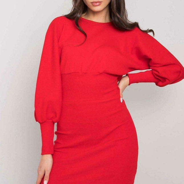 Elegant Ribbed Midi Dress With Chic Puff Sleeves For Events